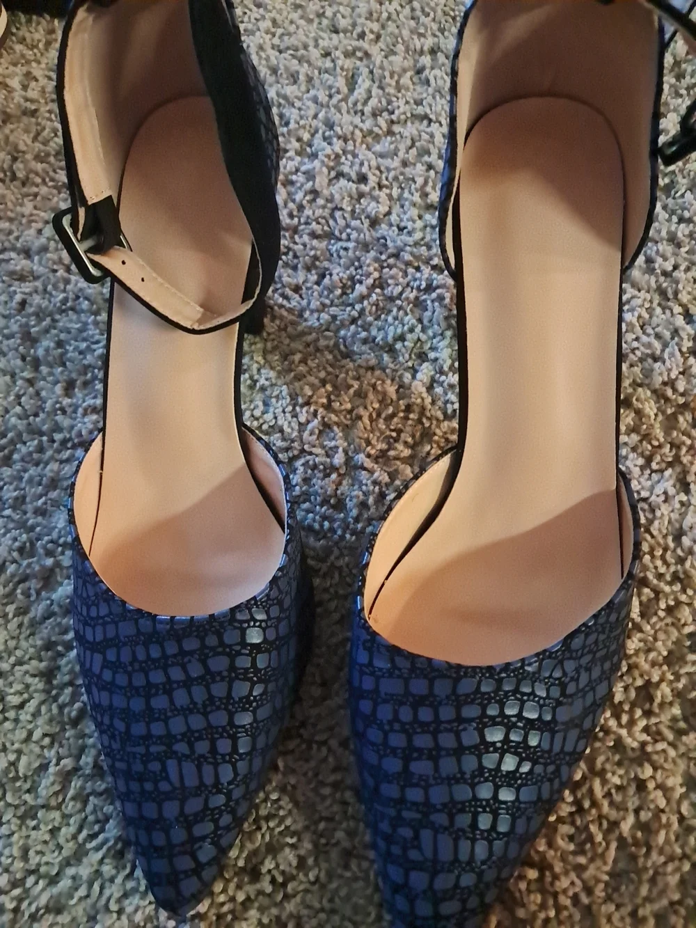 Pointed Toe Ankle-Strap Pumps in Navy Croc-Emboss - Picture 2 of 10